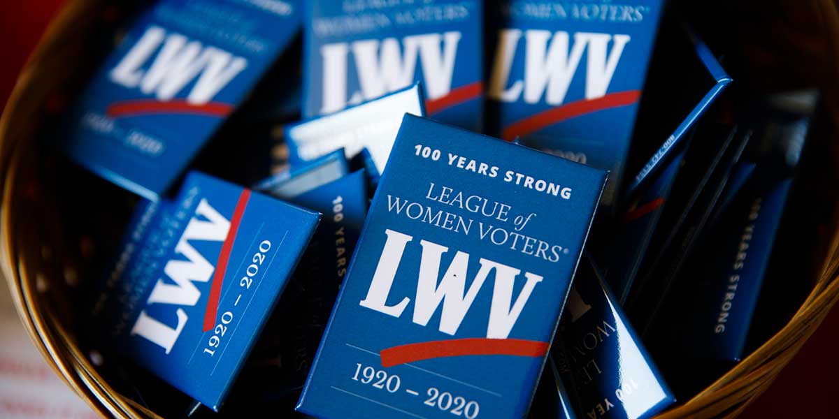 Photo of LWV buttons celebrating 100 year anniversary